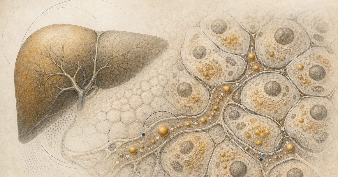 Liver-cell-inspired structures surrounded by amber and blue lipid-like particles