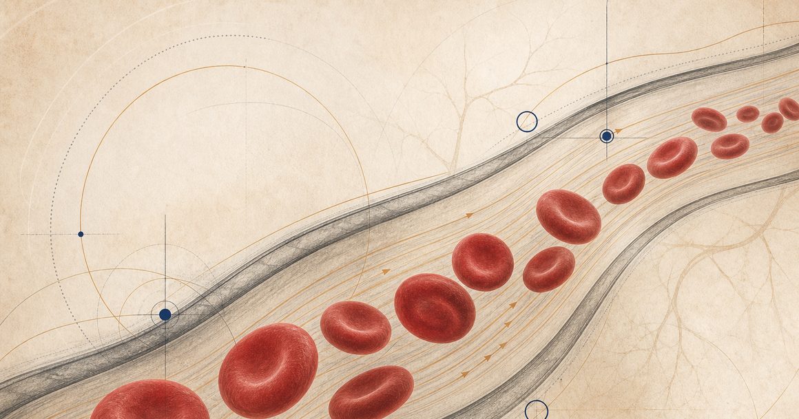 Red blood cells moving through a softly rendered vessel beside cardiovascular monitoring motifs