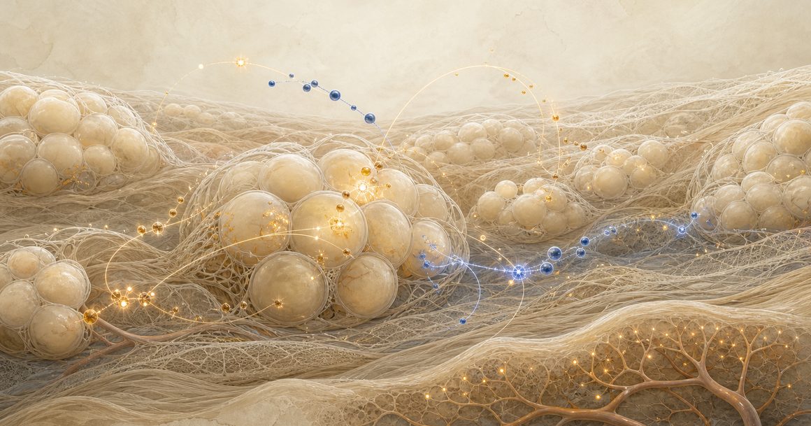 Translucent metabolic tissue cells crossed by restrained amber peptide-signal paths