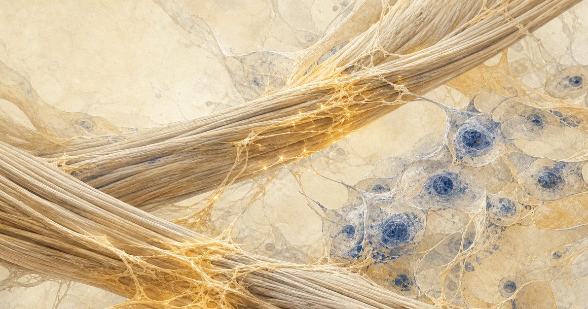 Layered collagen-like fibers and cell-like structures in a warm microscopy-inspired research illustration