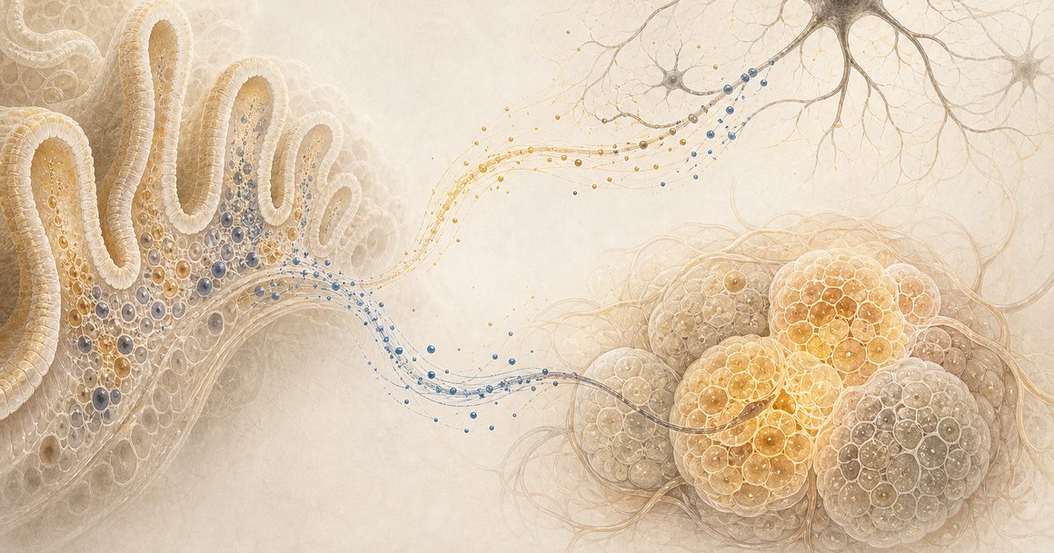 Abstract gut, brain, and pancreas-inspired cellular forms linked by two-way signalling paths