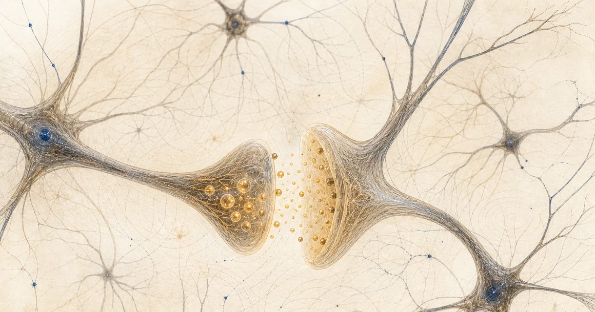 Gold and deep-blue neuron-like branches forming a calm synaptic research network
